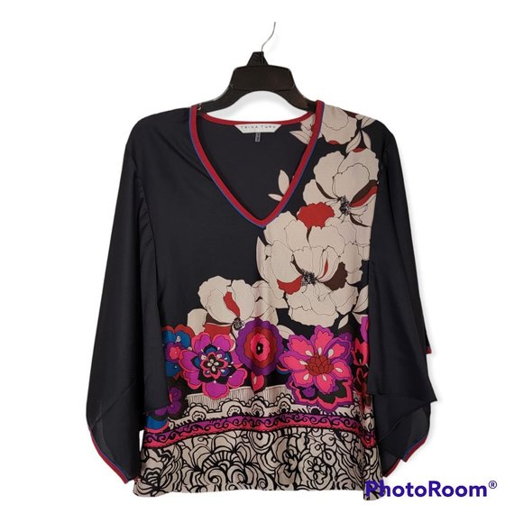 Trina Turk Tops - Trina Turk Black Floral Print Kimono Sleeve style blouse size S
